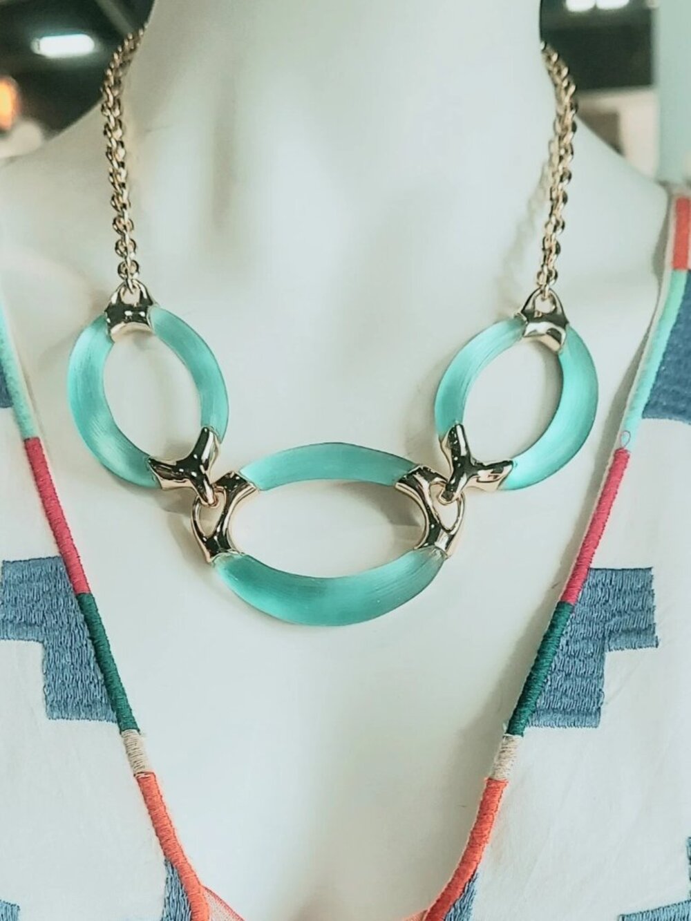 Alexis Bittar Aqua Oval Linked Lucite Gold Tone Necklace